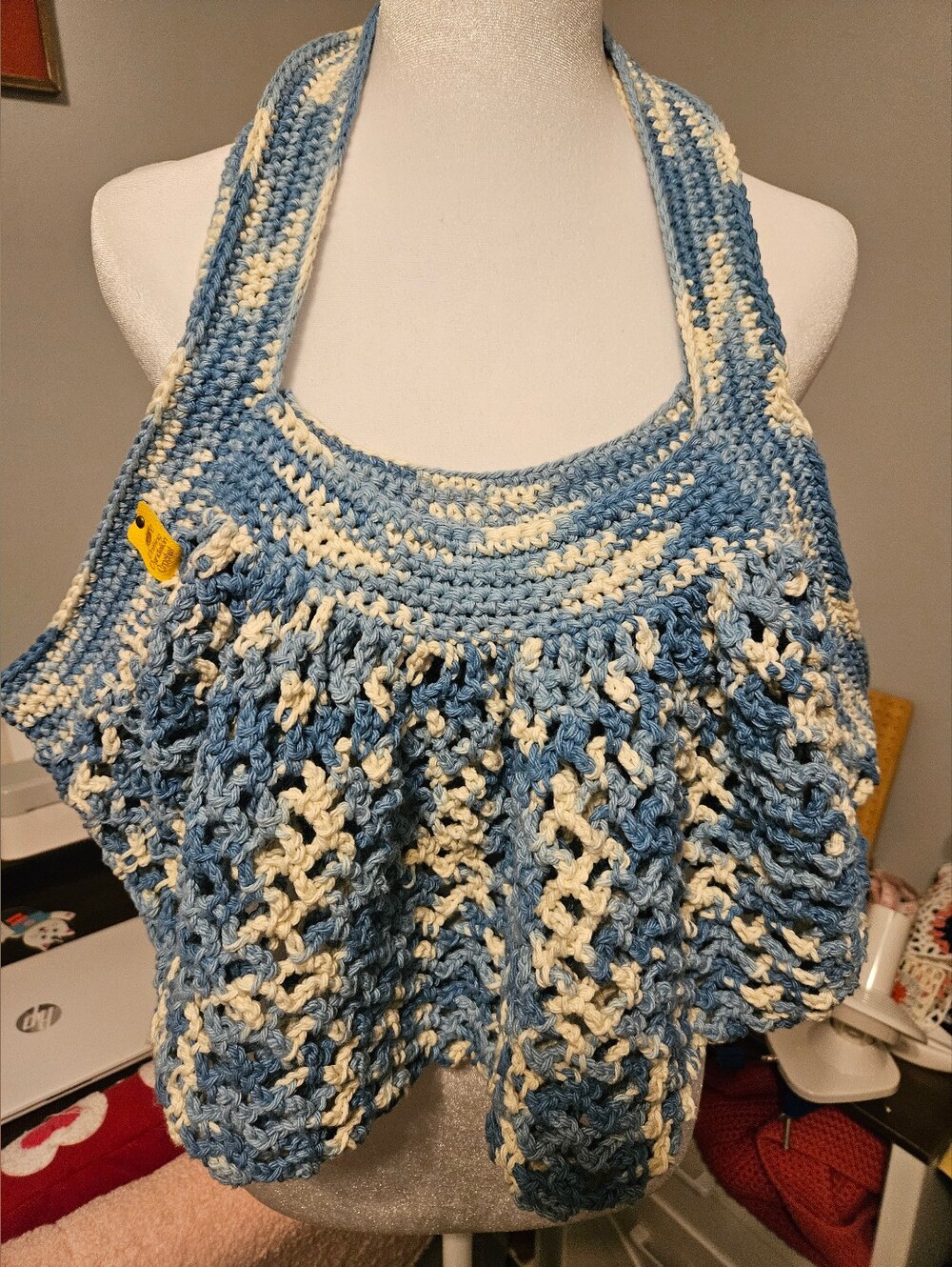 NEW: Handmade Crochet Blue and Cream Cotton Market Bag.